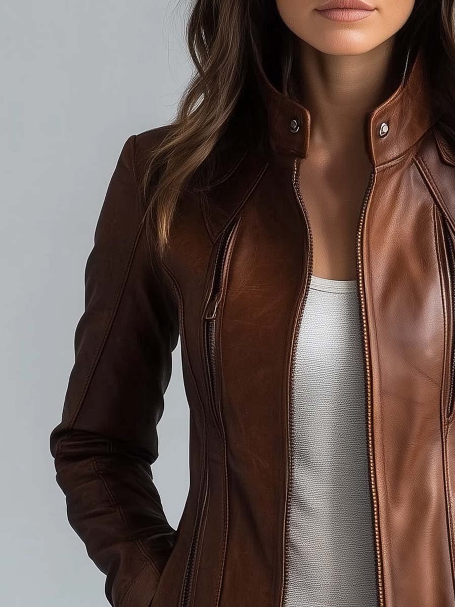 Women's Stand Collar Vintage Faux Leather Jacket