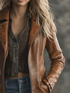 Women's Vintage Contrast Zipper Faux Leather Jacket