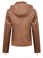 Women Warm Fleece Lined Zipper Hooded Leather Jacket