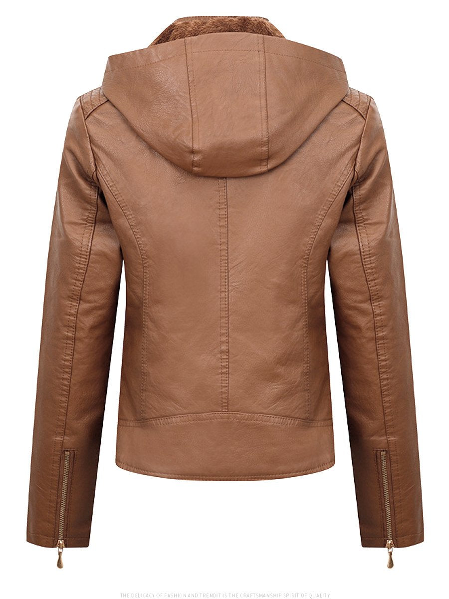 Women Warm Fleece Lined Zipper Hooded Leather Jacket