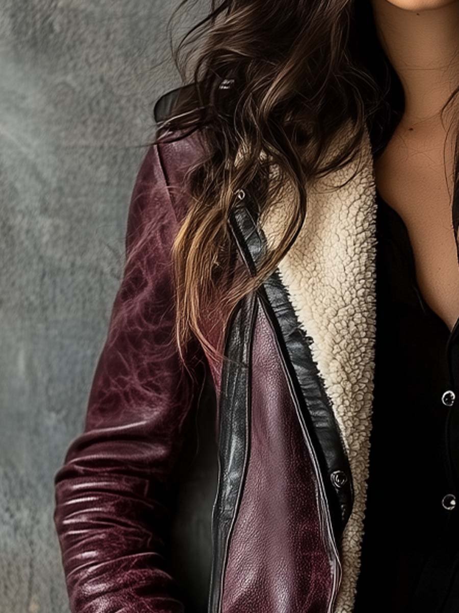 Women's Vintage Burgundy Lambskin Faux Leather Coat