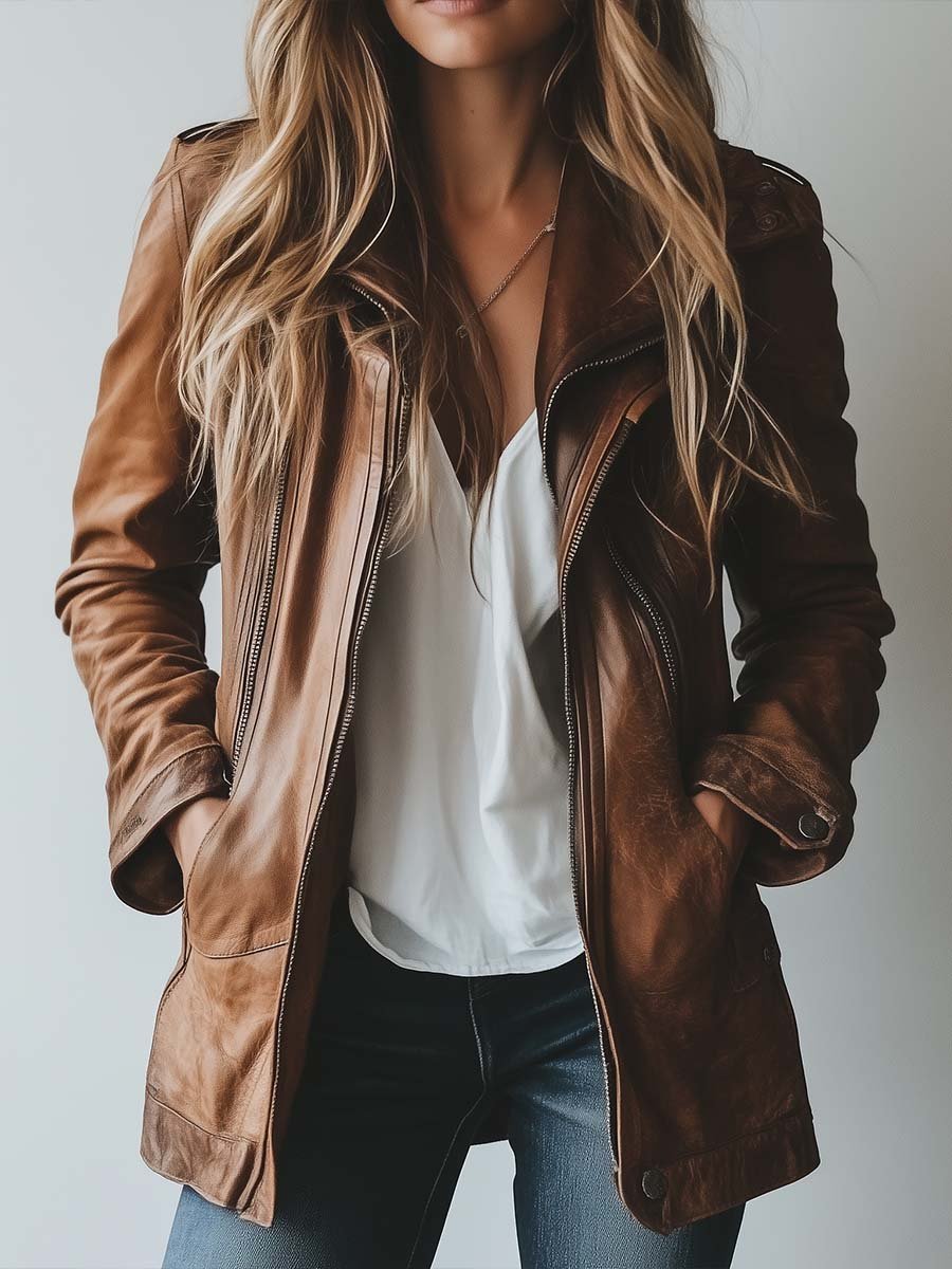 Women's Vintage Lapel Zipper Faux Leather Jacket