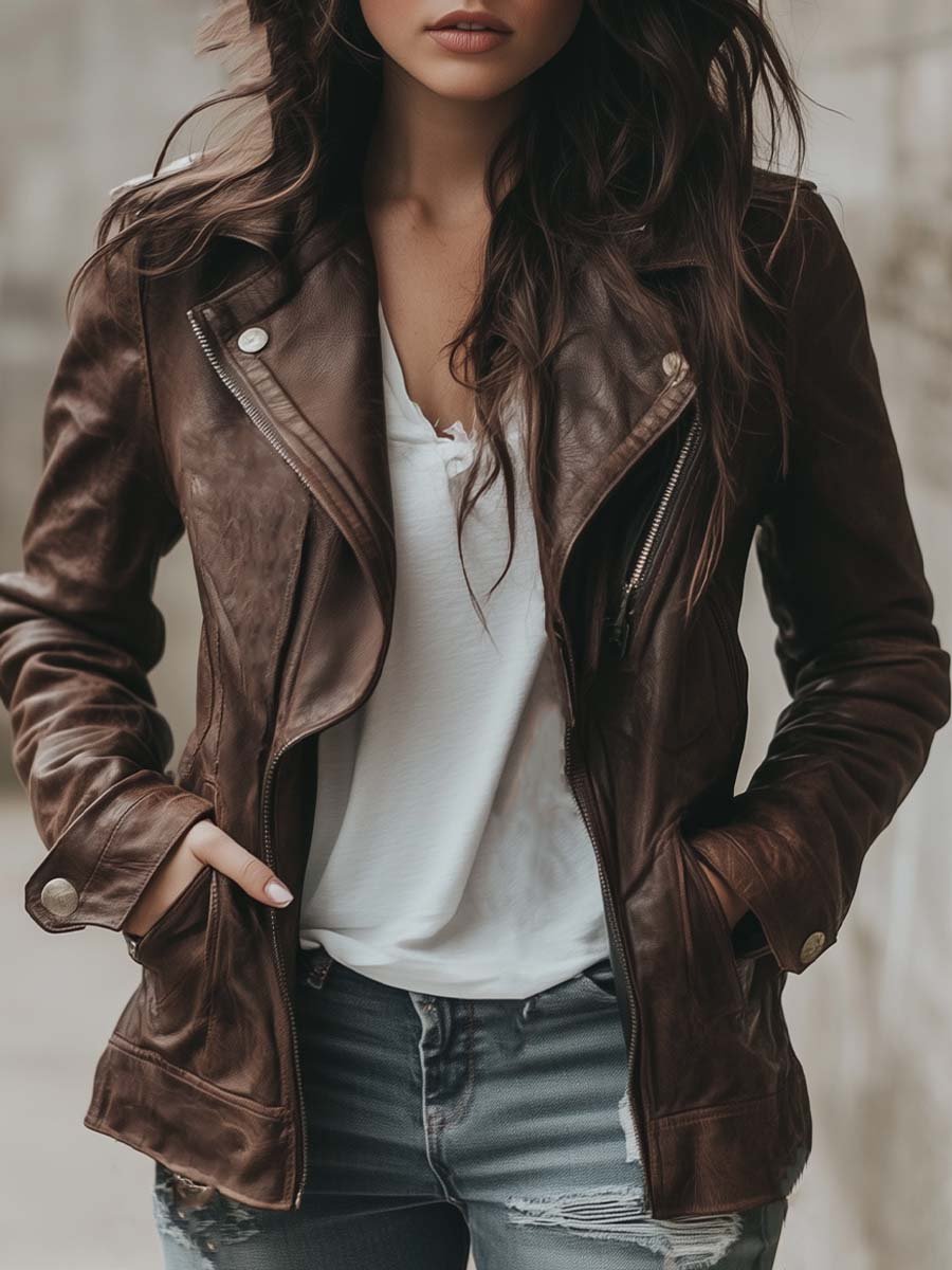 Women's Lapel Vintage Faux Leather Jacket