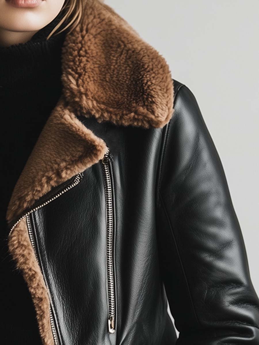 Women's Vintage Fur Collar Contrast Faux Leather Jacket