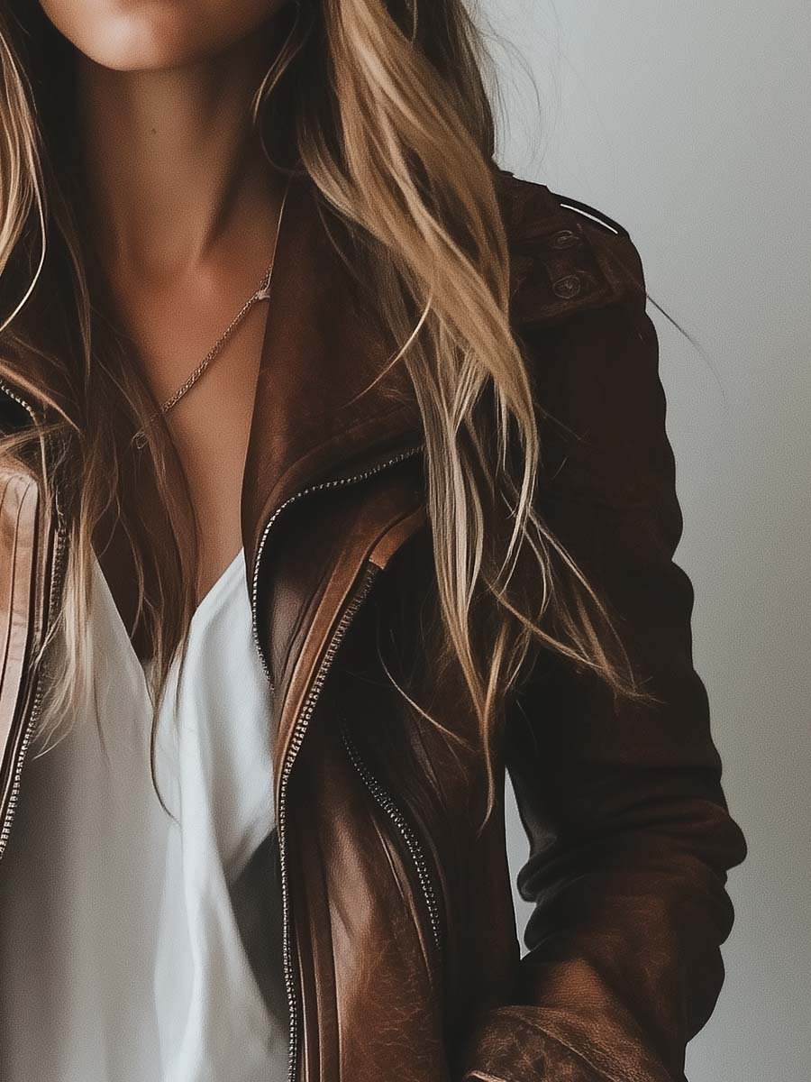 Women's Vintage Lapel Zipper Faux Leather Jacket
