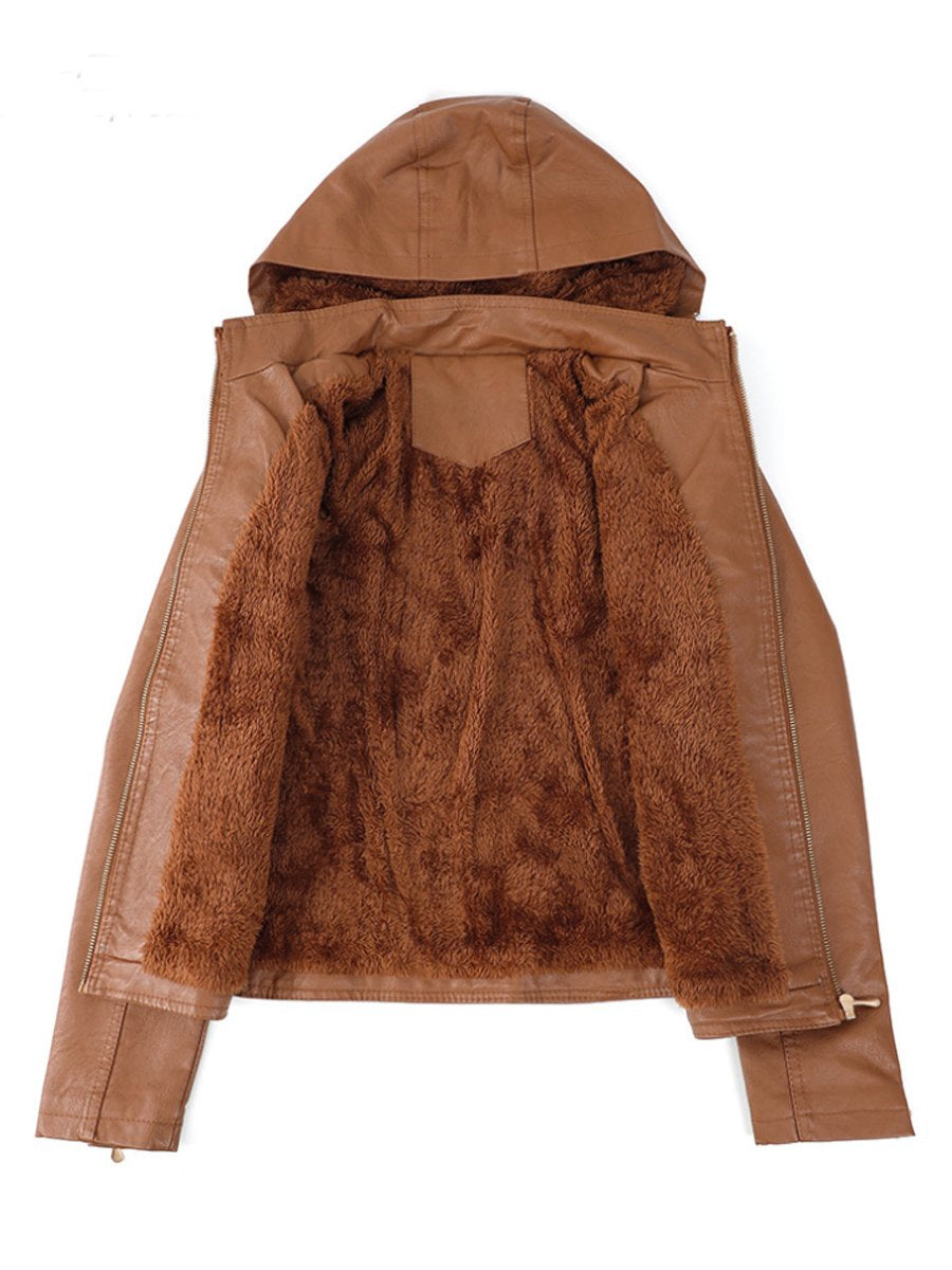 Women Warm Fleece Lined Zipper Hooded Leather Jacket