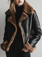 Women's Vintage Fur Collar Contrast Faux Leather Jacket