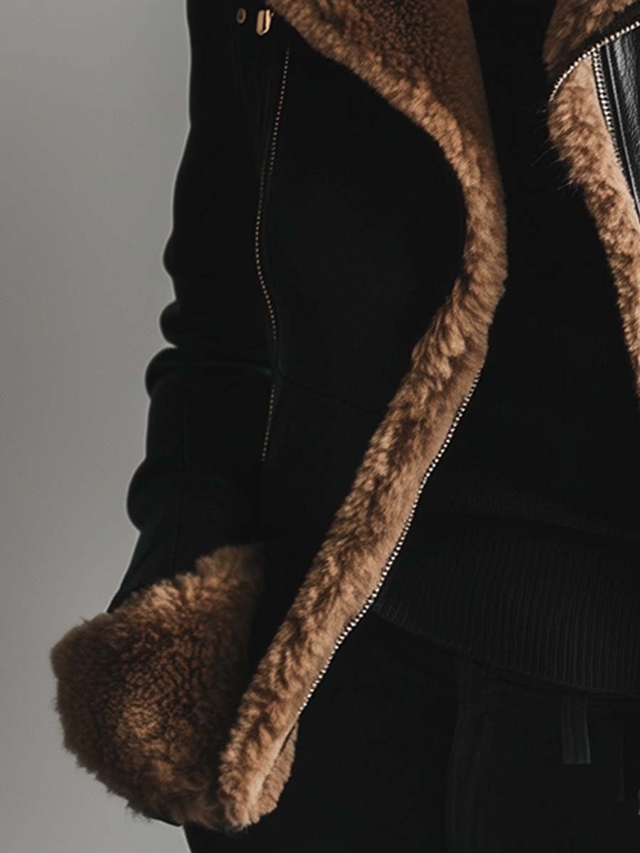 Women's Vintage Fur Collar Contrast Faux Leather Jacket