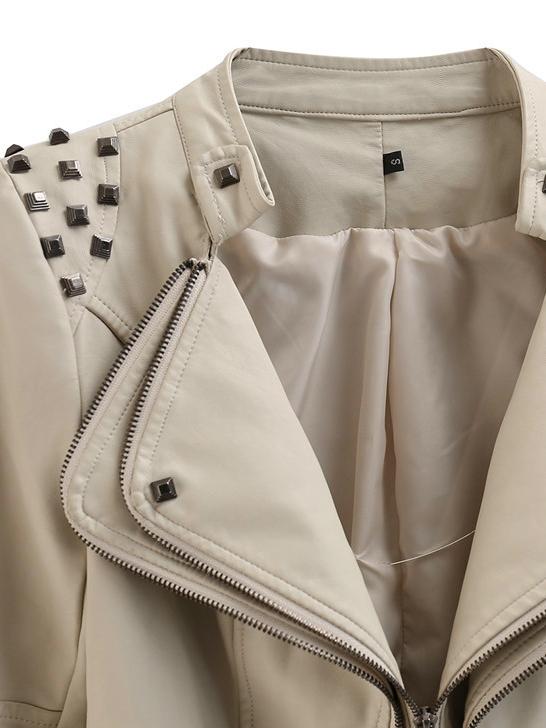 Chic Studded Waist-cinched PU Bomber Jacket