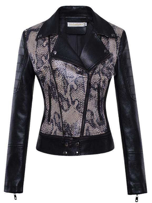 Stylish Snake Print Color Patchwork Leather Jacket