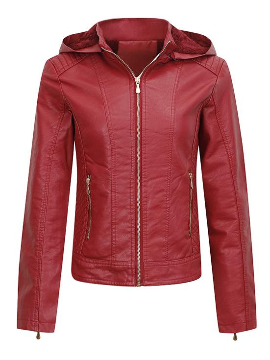 Women Warm Fleece Lined Zipper Hooded Leather Jacket