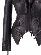 Stylish Waist-cinched Zipper Studded Leather Jacket