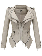 Chic Studded Waist-cinched PU Bomber Jacket