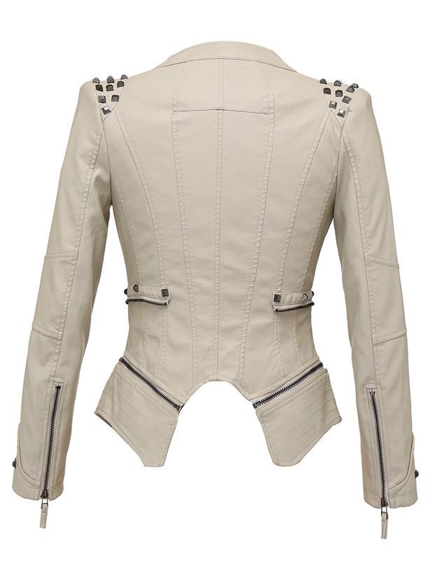 Chic Studded Waist-cinched PU Bomber Jacket