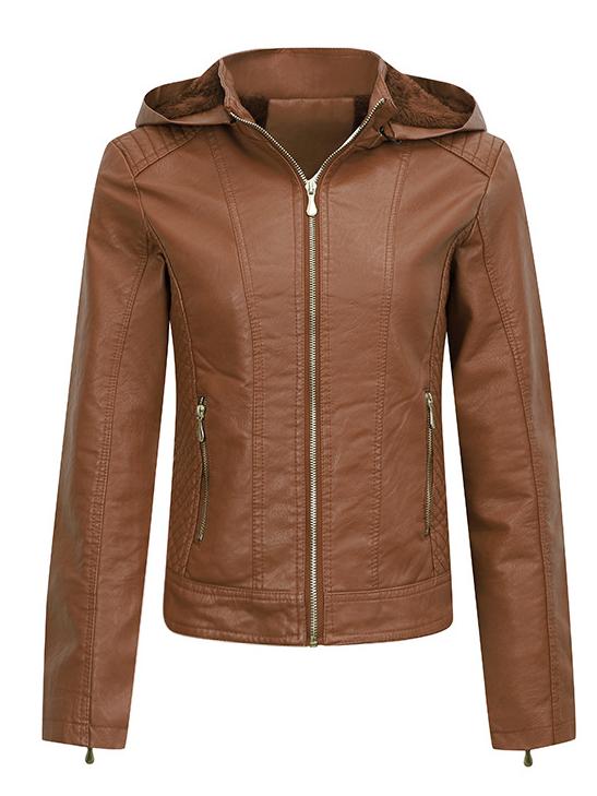 Women Warm Fleece Lined Zipper Hooded Leather Jacket