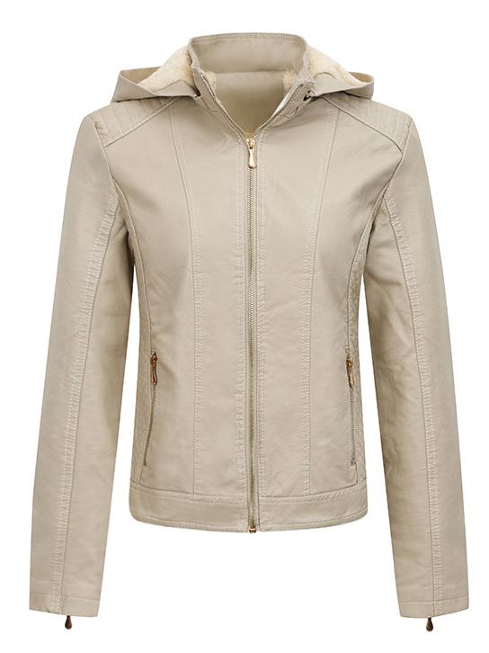 Women Warm Fleece Lined Zipper Hooded Leather Jacket
